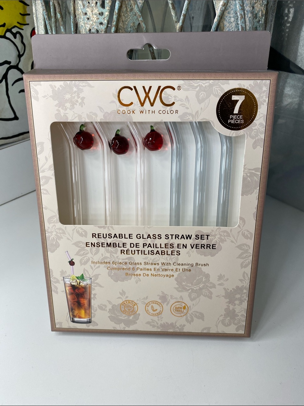 CWC Cook With Color Reusable Glass Straw Set with Cherry Accent - Clear/Red